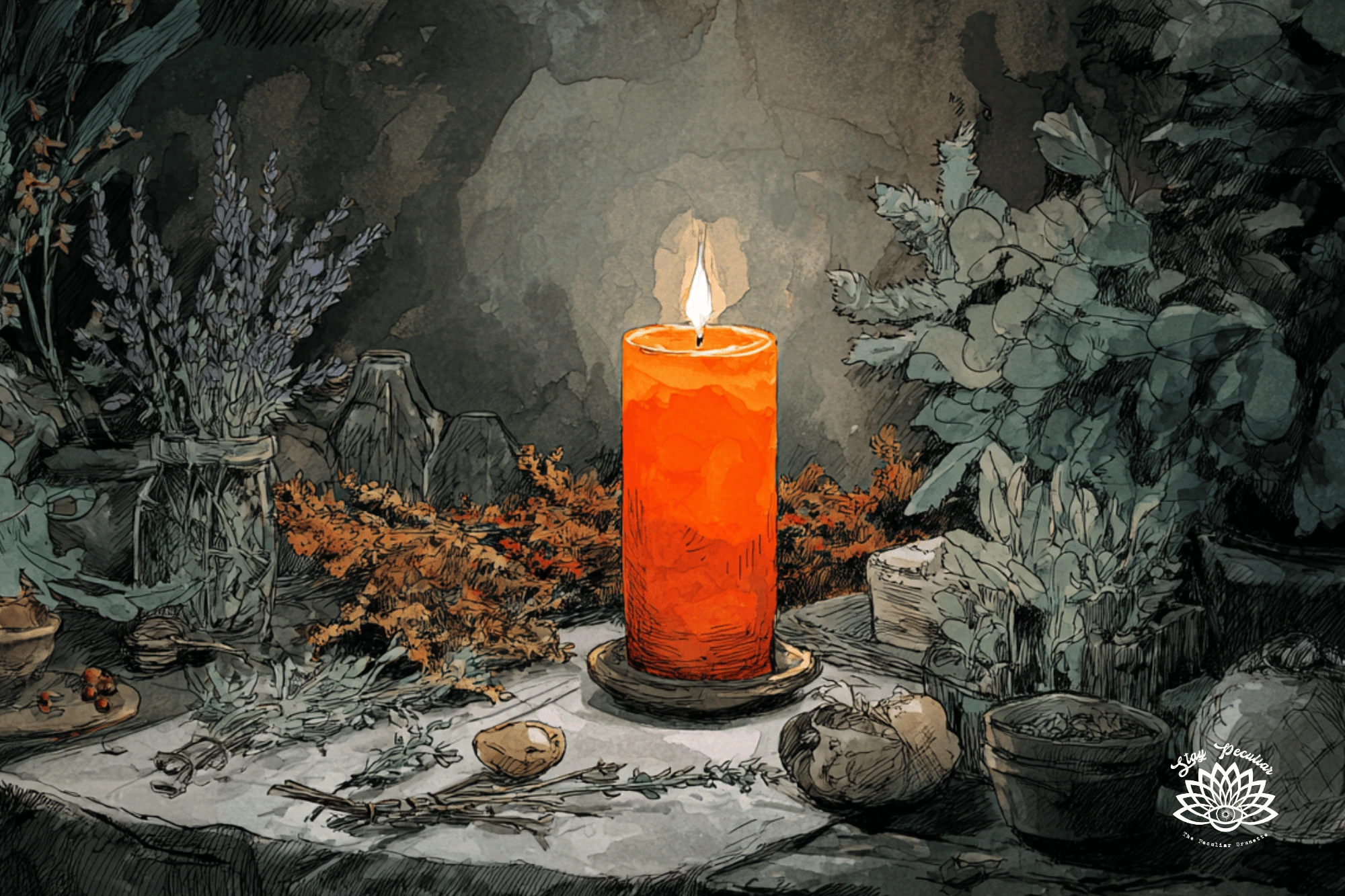 Orange Candle Spiritual Meaning burning on a witches altar surrounded by herbs, flowers, and other spiritual witchcraft tools.