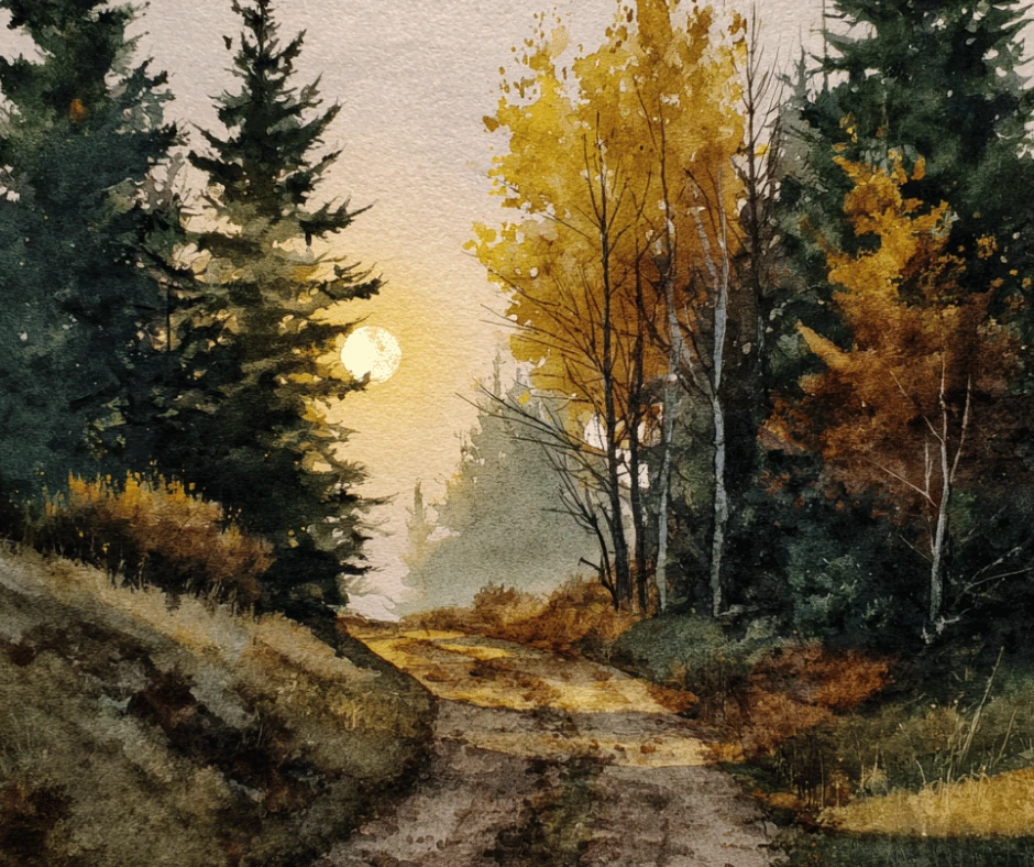 dirt path through an Autumn forest as the sun sets in the sky. Autumn Pagan Holidays