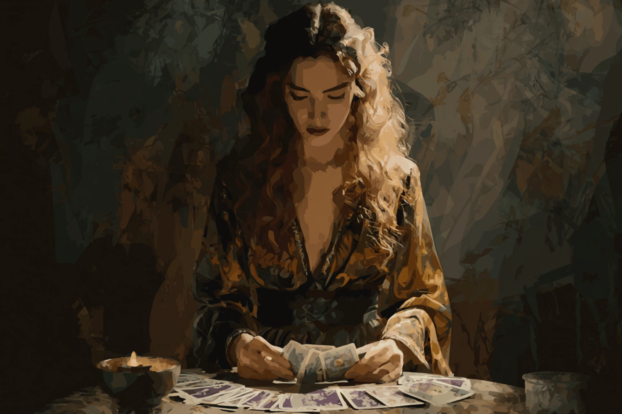 Woman with long wavy brunette hair, with a tarot spread on a table in front of her. Divination Technique with Tarot.