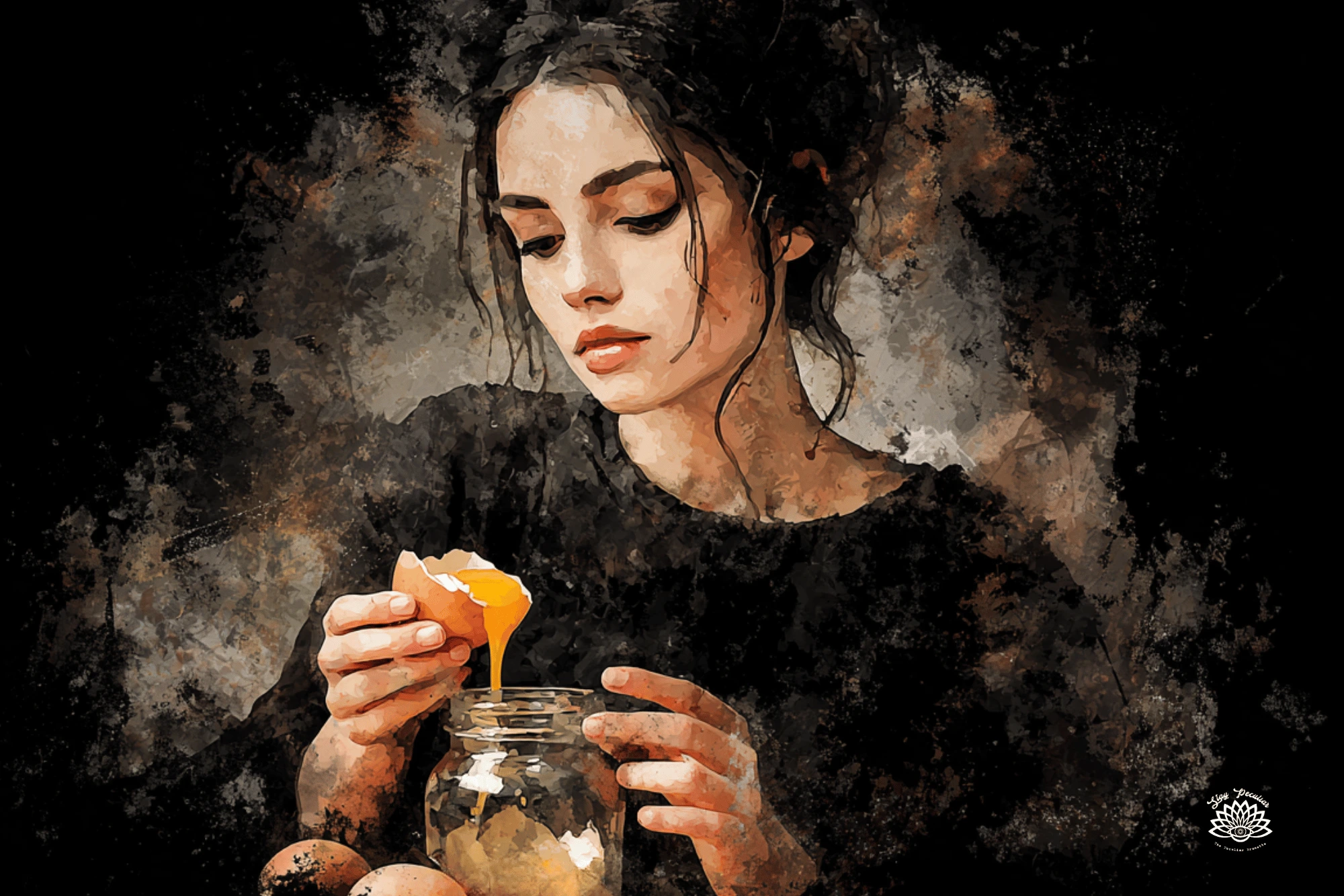 Beautiful latina women with her hair in a messy bun. She's cracked open an egg that's dripping yolk into a glass jar.