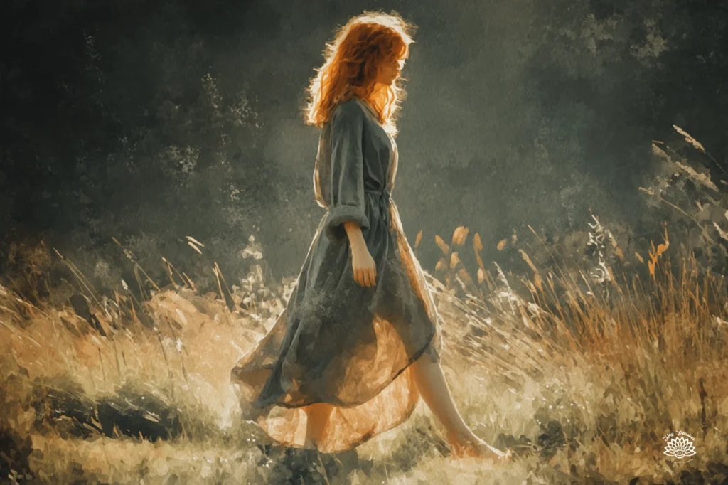 How to Build a Personal Witchcraft Practice, woman with shoulder length red hair walks barefoot through a field of golden tall grass.