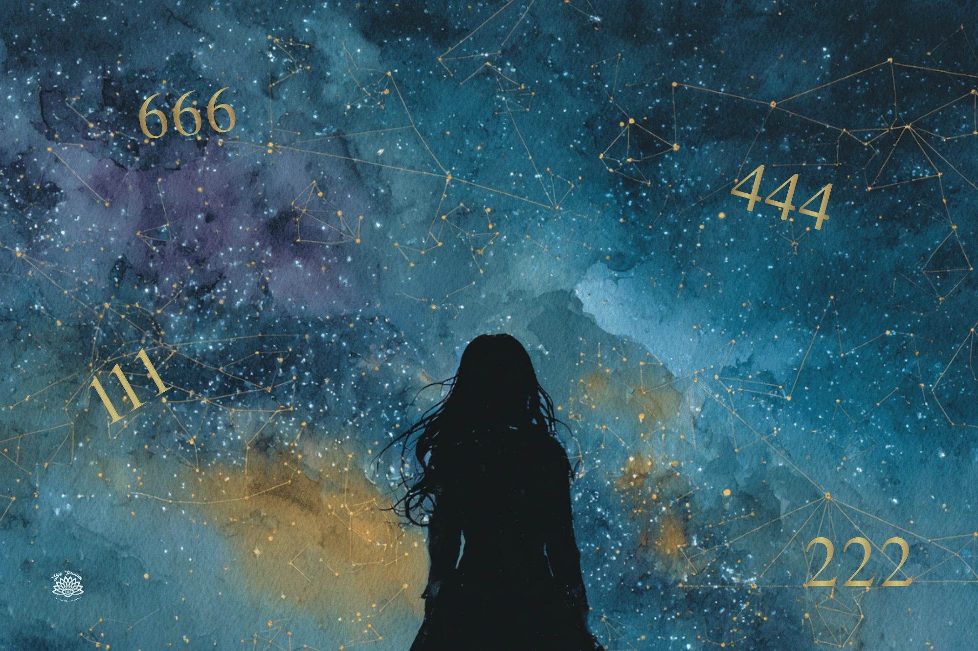 Silouhette of a woman facing the milky way galaxy with sets of gold numbers including 666, 111, 444, and 222. Numerology Number Meanings