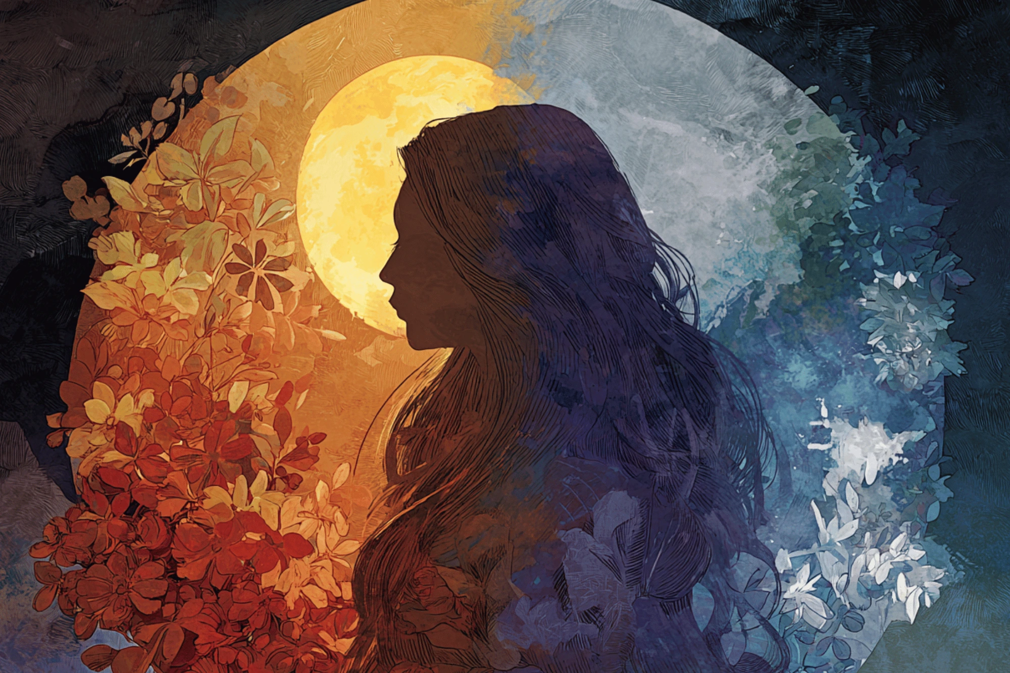 Female witch standing in front of a seasonal wheel showing the warm and cool aspects of the year. Pagan Holidays and Wiccan Sabbats