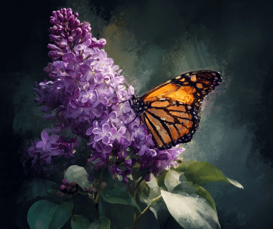 Monarch butterfly on purple lilac. Spring Pagan Holidays
