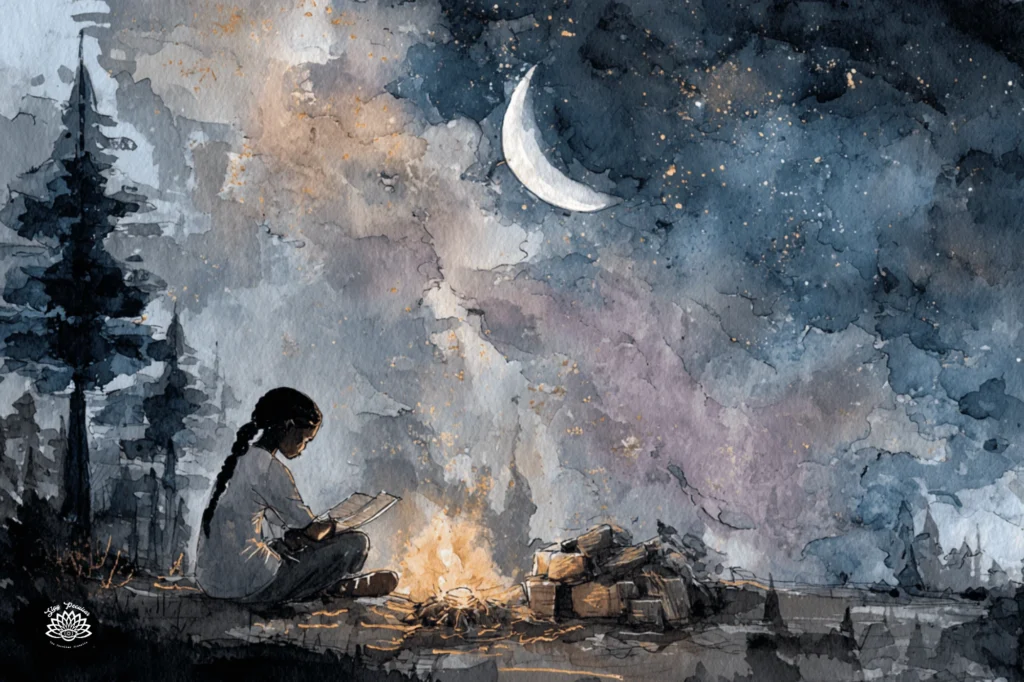 What Is Witchcraft, young black woman studying next to a bonfire as the full moon shines in the night sky above.