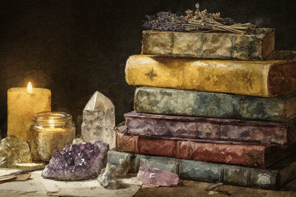Witchcraft Tools, Books, and Resources, old stacked books with a bundle of dried lavender on top. A candle and crystals lay on the table around it.
