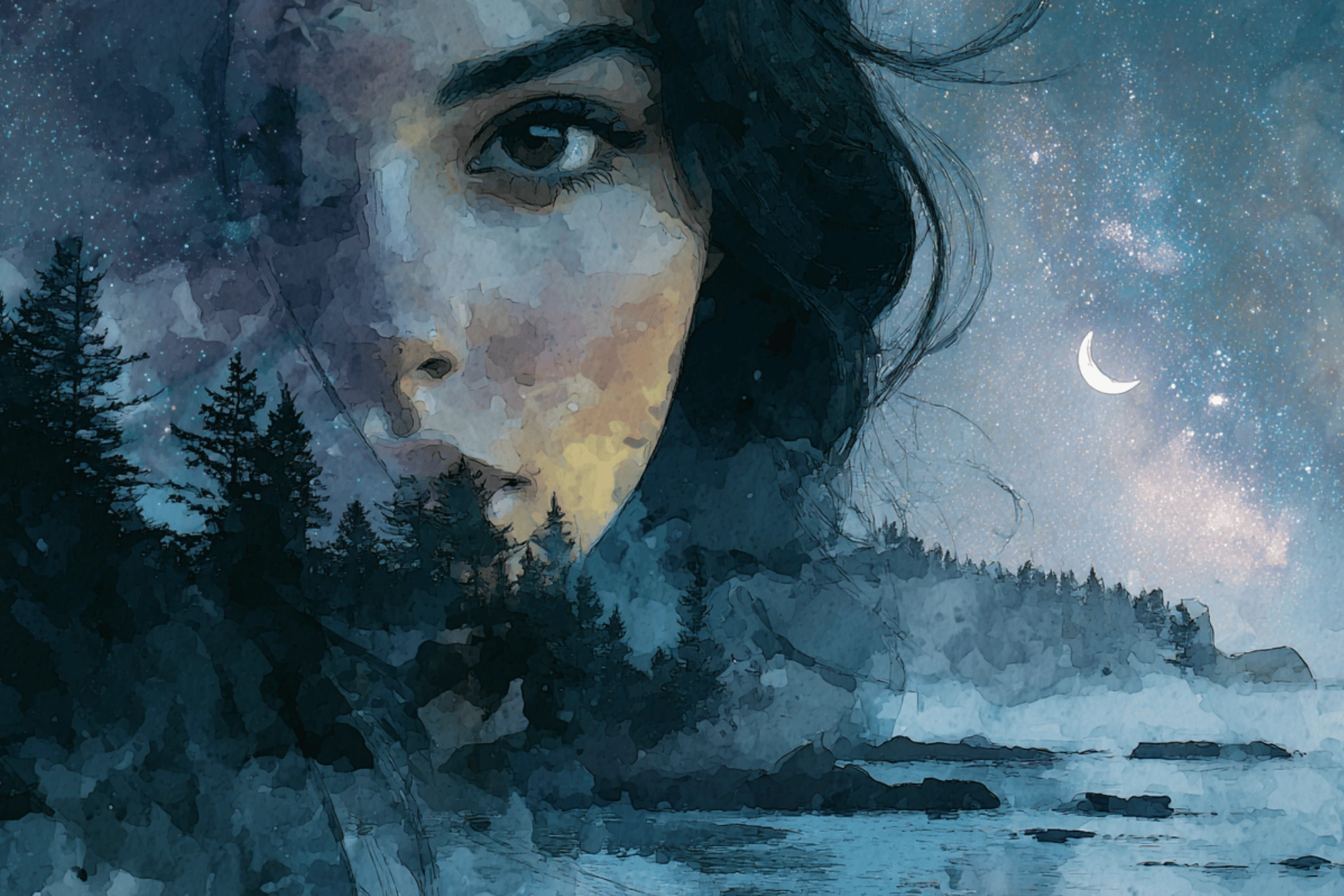 Witchcraft for Beginners; Dark haired woman juxtaposed over a misty PNW nightime coastline.