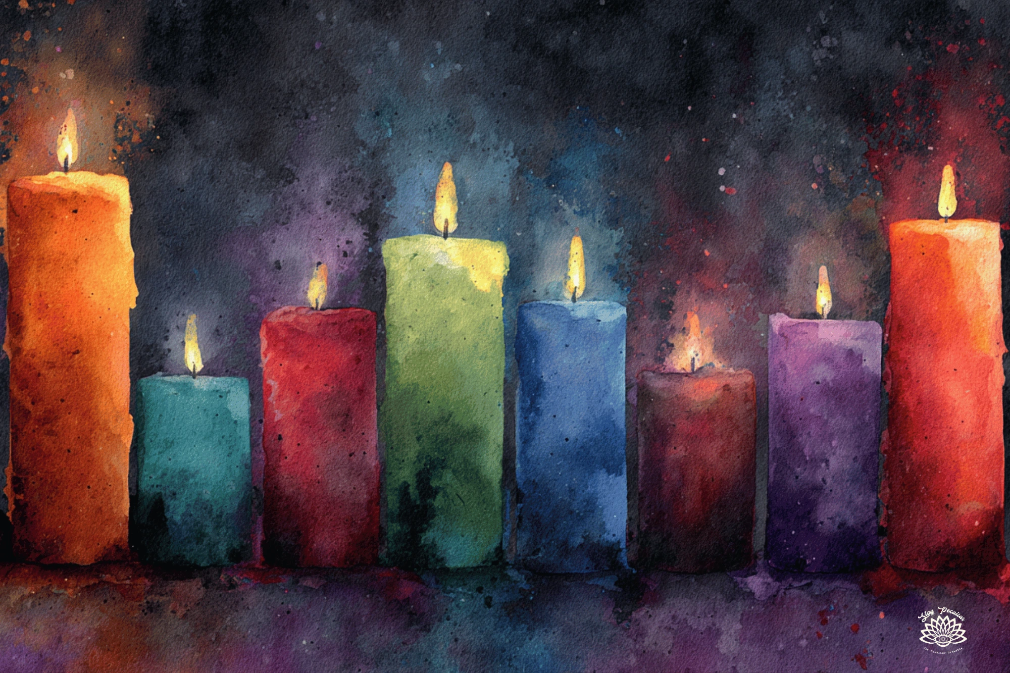 Candles in a rainbow of colors; their flames lit and glowing. Each candle a different color of the rainbow.