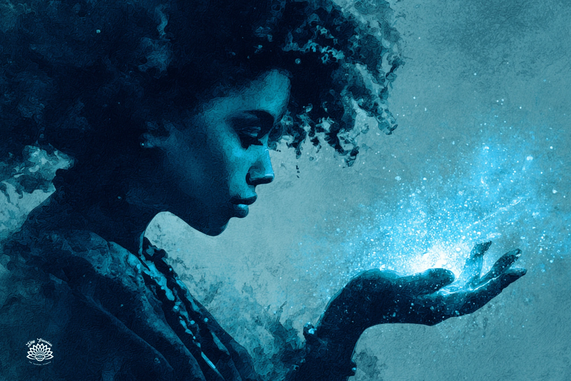 A female black witch with curly hair casting a freezer spell