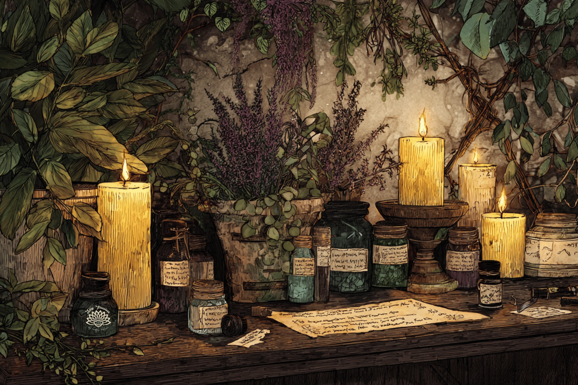 Witchcraft spells, tools, and supplies on an candlelight altar