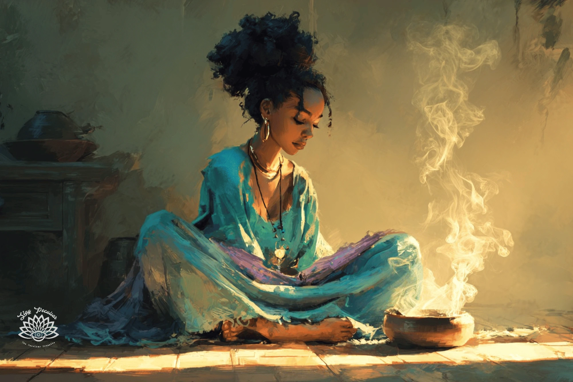 How to Cleanse Without Using Closed Practices. Black woman with her hair pulled into a large bun, sitting cross legged on the floor. She's smoke cleansing the room and wearing loose blue clothing.