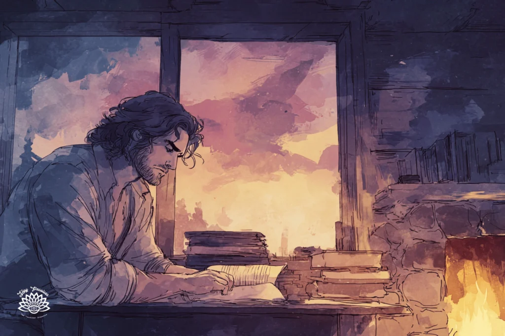 Deepening Your Practice Over Time. Man sitting at table studying and reading books near a fireplace in a cozy rustic cabin. Outside the morning sun is rising and the sky is a pale pink and purple.