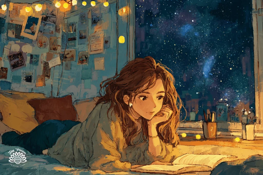 Teenage Witchcraft Turns Out, Not a Cult. Teenage girl lying on her bed reading about witchcraft. Her walls are lined with photos and papers. String lights line the walls and the night sky is shine in the window behind her.