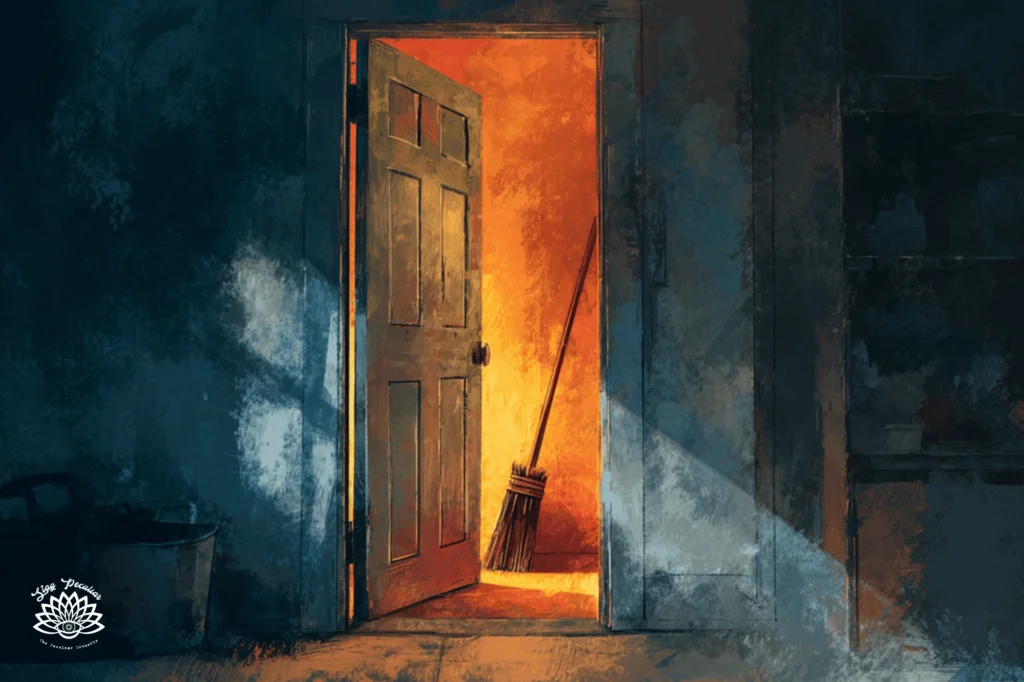 What Does it Mean to Be in the Broom Closet? Image of an open closet door with a golden yellow light with a broom leaned against the wall.