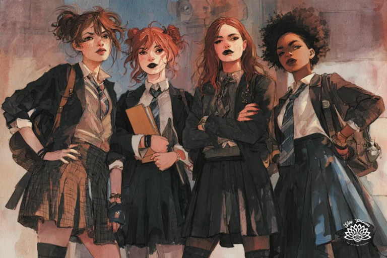 Witchcraft vs Movies, TikTok, and Fictional Books. Image of four teenage goth girls inspired by the 90s movie The Craft and Harry Potter. They're wearing school uniforms they've customized.