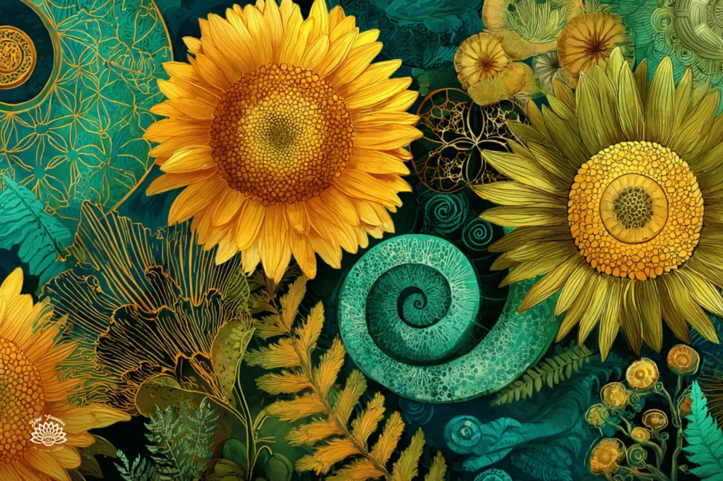 Are Angel Numbers Real? Watercolor image of repeating patterns and numerology in nature. Botanical compilation of sunflowers, ferns, flower of life, and spirals.