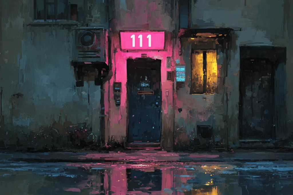 What are Angel Numbers? Watercolor image showing 111 angel number address to a cyber punk style apartment front door during rainy night.