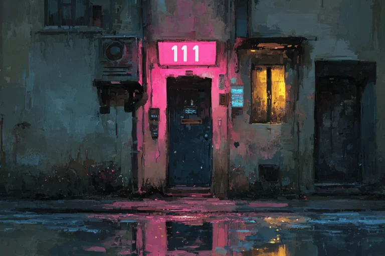 What are Angel Numbers? Watercolor image showing 111 angel number address to a cyber punk style apartment front door during rainy night.