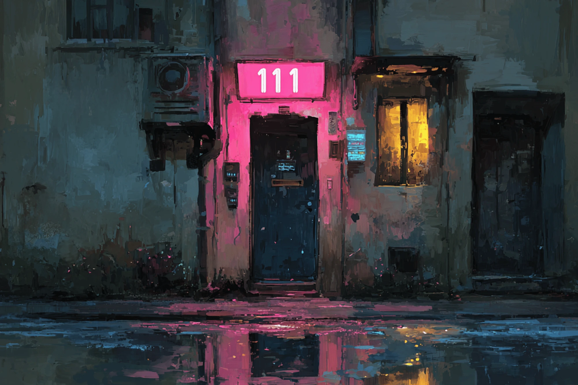 What are Angel Numbers? Watercolor image showing 111 angel number address to a cyber punk style apartment front door during rainy night.