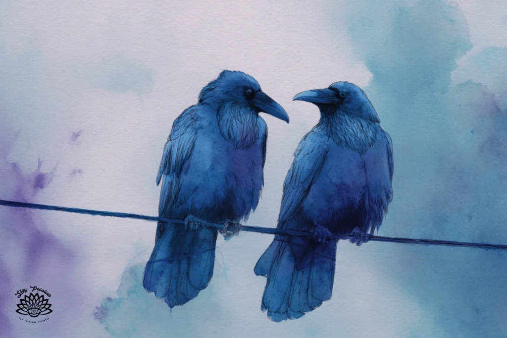 Why Do Angel Numbers Repeat? Watercolor image showing example of angel number in nature with two ravens side by side on a telephone wire.