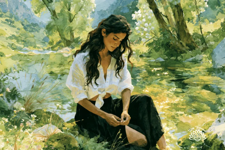 Image of a Mexican woman witch with long brown hair sitting next to a crystal clear river winding through the lush mountains of central Mexico.